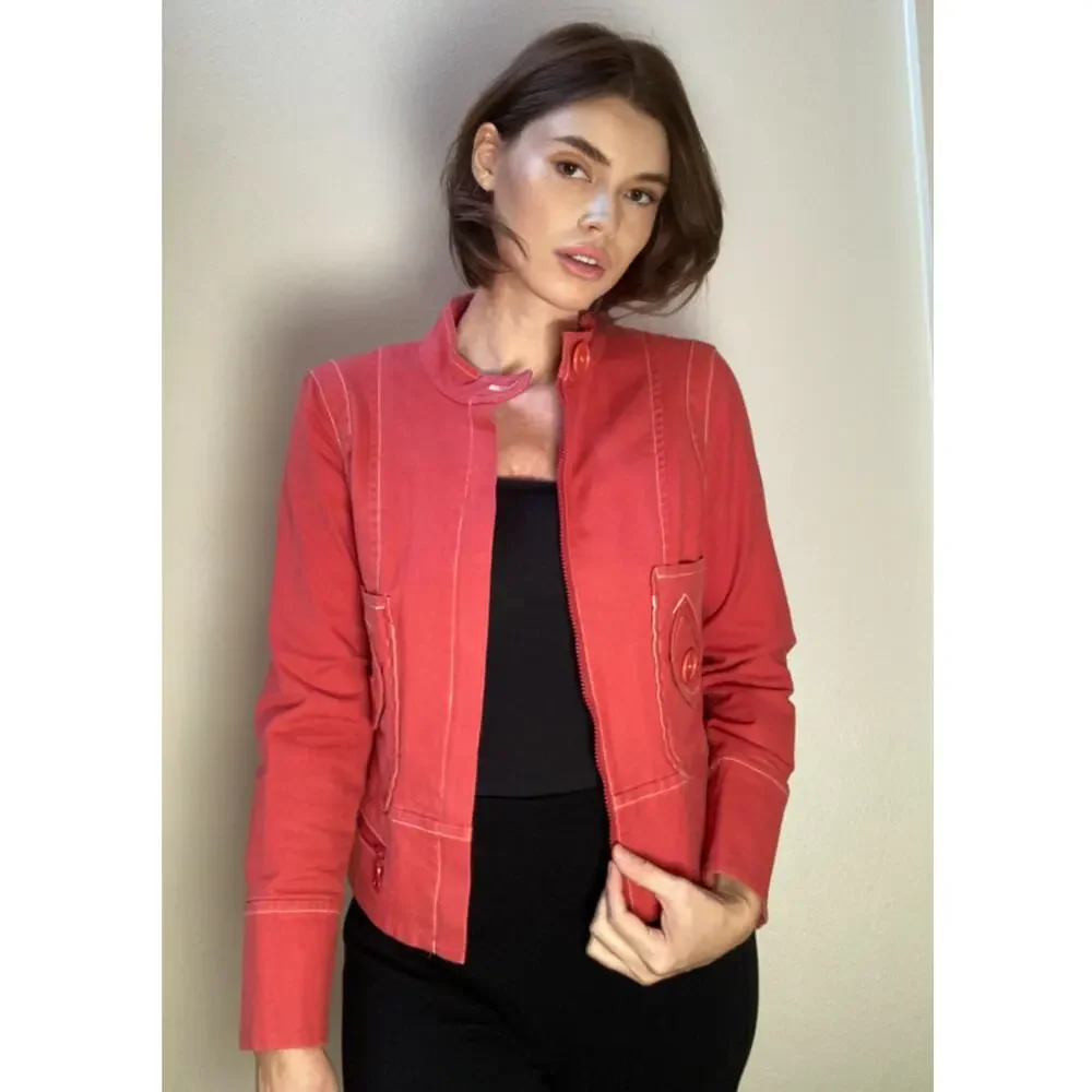 Anthropologie Sitwell ~ Moto Jean Jacket Bright Redish Pink Buttons ~ Sz 10 - Picture 1 of 9
